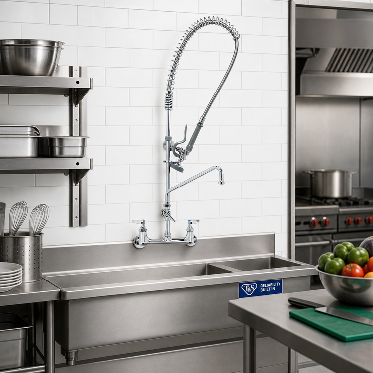 Product image #2 for T&S Brass EasyInstall 8-Inch Wall Mount Pre-Rinse Unit with 16-Inch Add-On Faucet and 1.07 GPM JeTSpray Spray Valve