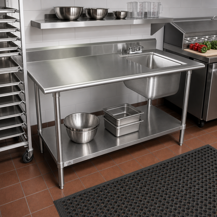 Product image #2 for Advance Tabco 48 Inch 304 Stainless Steel Sink Work Table With Right Bowl, 5 Inch Backsplash, and Undershelf