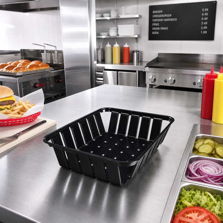 Product image #3 for Munchie Basket Rectangular Black ABS Plastic Fast Food Basket, 10-3/8 x 8 x 2-1/2 Inch