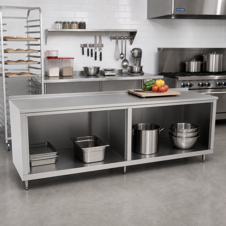 Product image #2 for John Boos Open Front Cabinet Base Work Table, 120 x 24 Inches, 16-Gauge Stainless Steel Top, 1-1/2 Inch Rear Riser