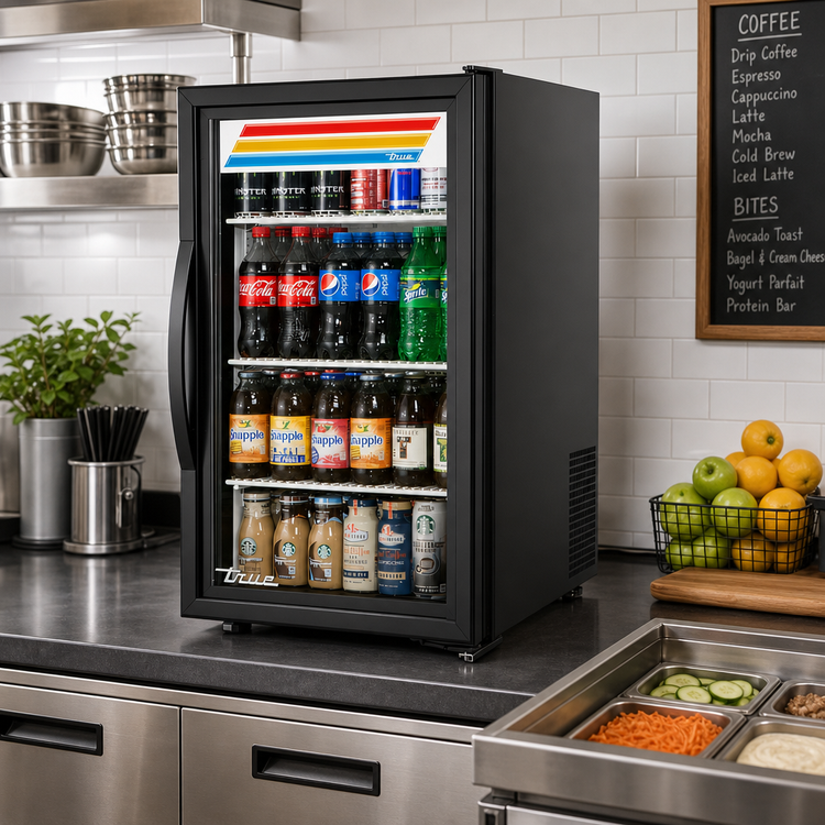 Product image #2 for True Countertop Glass Door Refrigerated Merchandiser, 1 Door, 3 Shelves, Black Exterior