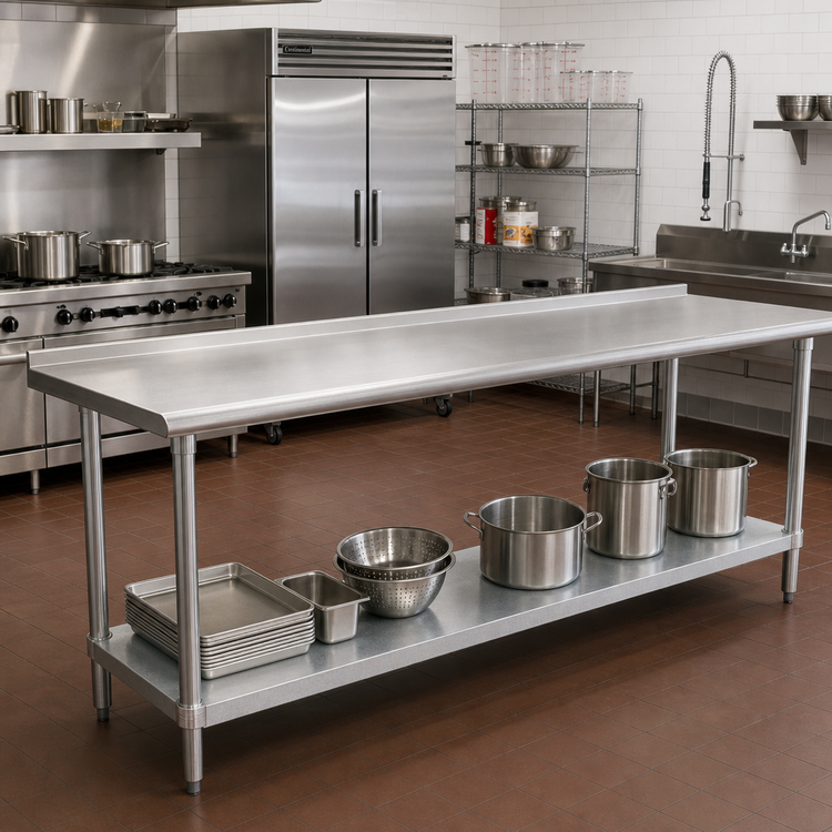 Product image #2 for Advance Tabco 144-Inch x 36-Inch 14-Gauge 304 Stainless Steel Work Table with Rear Up-Turn and Galvanized Undershelf