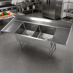 Thumbnail image #2 for Klinger's Trading EIT22D24 96-Inch 2-Compartment Stainless Steel Commercial Sink with Dual Drainboards, 14-Inch Bowls, and 8-1/2-Inch Backsplash