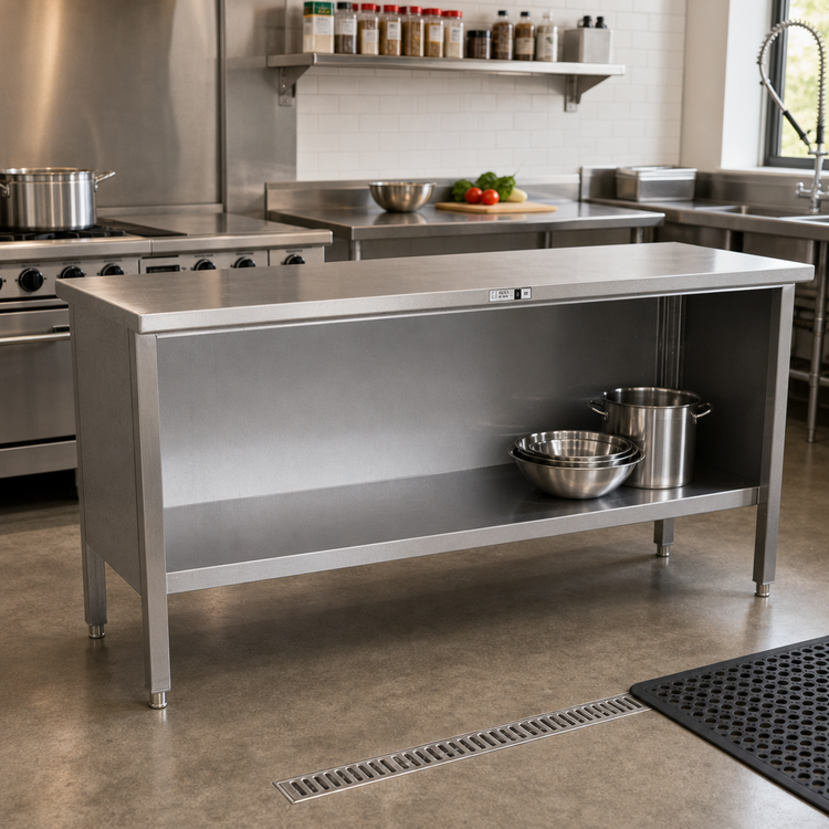 Product image #2 for John Boos EBOS4-30132 Open Front Enclosed Base Stainless Steel Work Table with Fixed Undershelf, 132 x 30 Inches