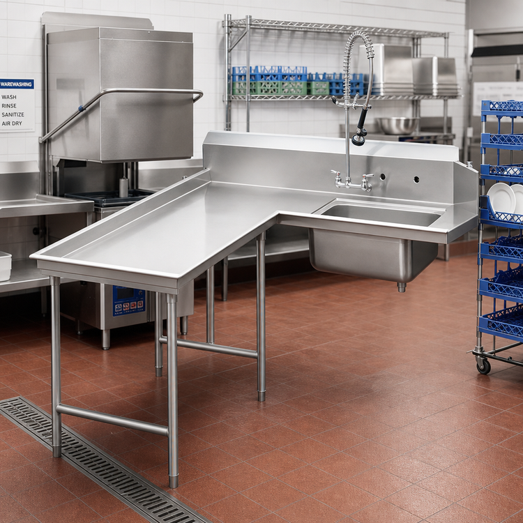 Product image #2 for Advance Tabco Left-Hand L-Shaped Island Soil Dishtable with Pre-Rinse Sink, 143-Inch, 14 Gauge 304 Stainless Steel