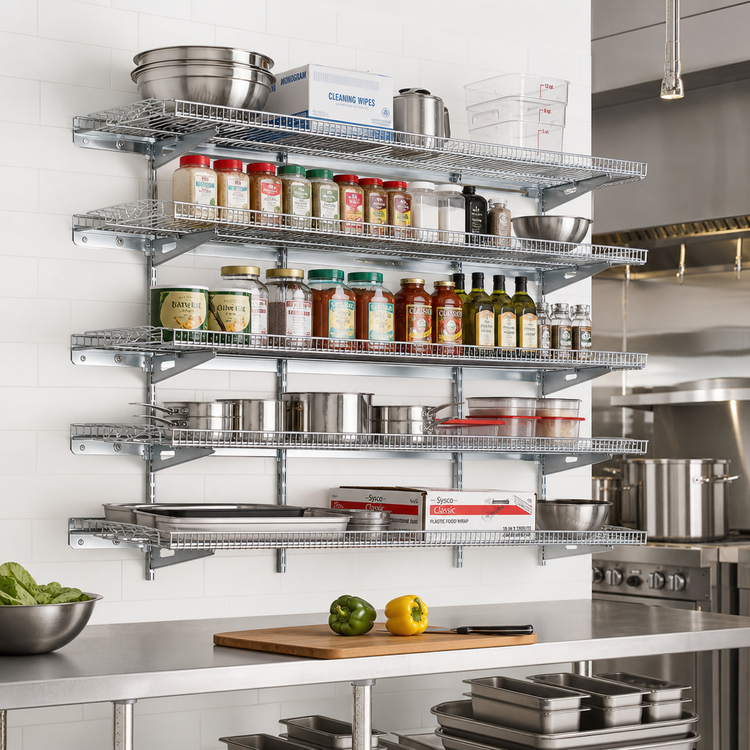 Product image #2 for Eagle Group QuadTruss 5-Tier Wall-Mounted Piggyback Wire Shelf Kit, 60 x 18 Inches, Chrome