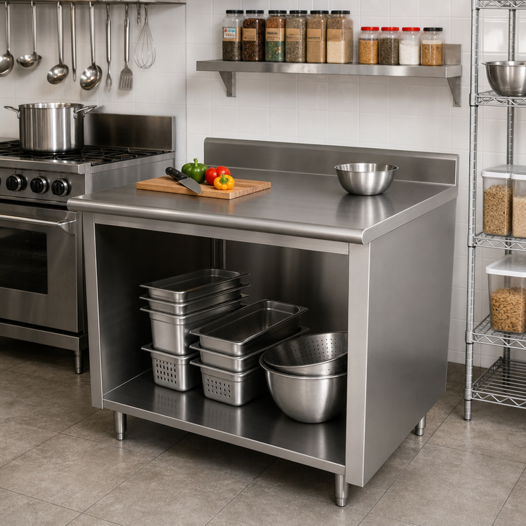 Product image #2 for Advance Tabco 48" x 30" 14-Gauge 304 Stainless Steel Work Table with Open Front Cabinet Base and 5" Backsplash