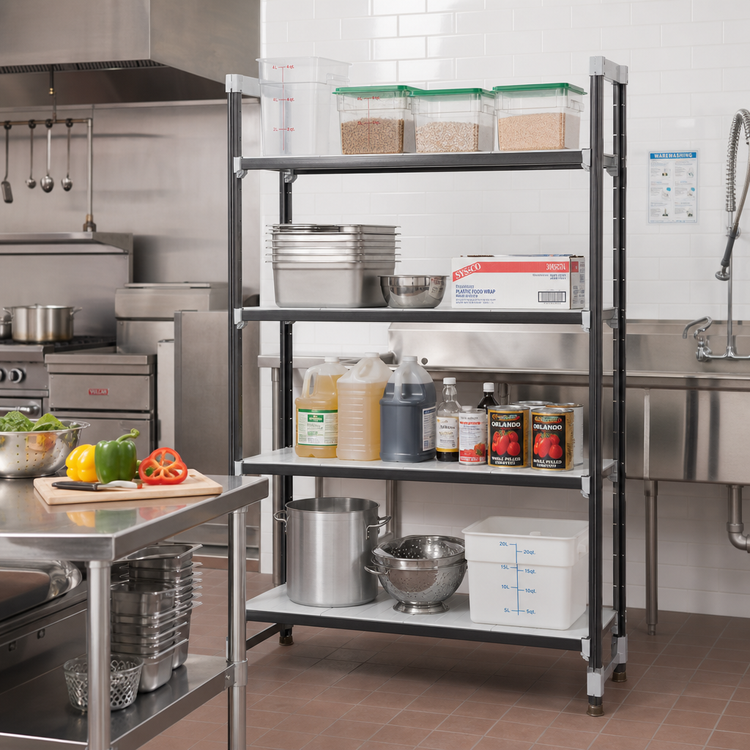 Product image #2 for Cambro Camshelving Elements XTRA High Density Top Rail Stationary Starter Unit, 4 Solid Shelves, 18 x 60 x 81 Inches, Speckled Gray