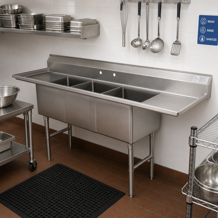 Product image #2 for Advance Tabco 3-Compartment Fabricated Sink with Left and Right Drainboards, 24 x 24 x 14 Inch Bowls
