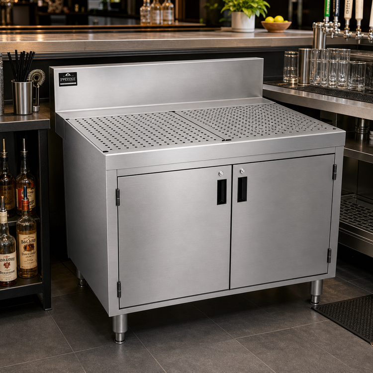 Product image #2 for Advance Tabco Prestige Supreme 42-Inch Stainless Steel Underbar Drainboard Cabinet with Removable Hinged Doors and 7-Inch Backsplash