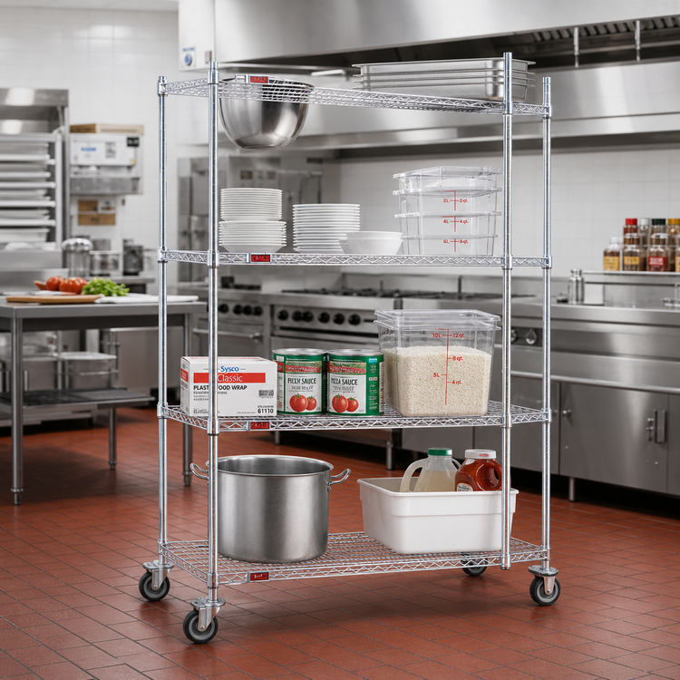 Product image #2 for Eagle Group 4-Tier Chrome Wire Shelving Dolly Truck, 36W x 18D, Poly Tread Swivel/Brake Casters