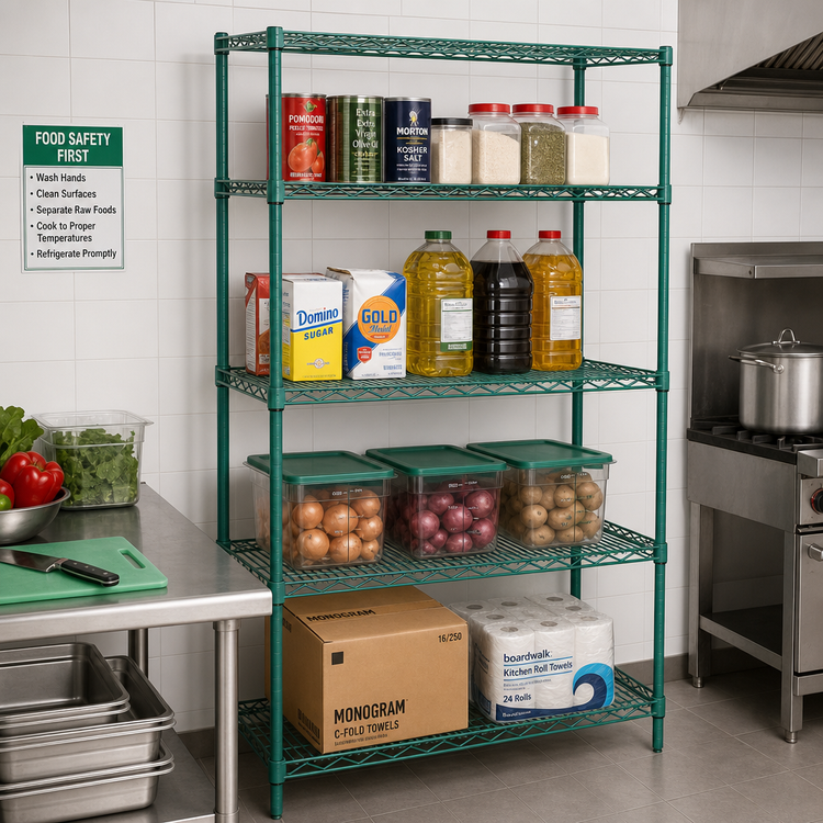 Product image #2 for Quantum Stationary Wire Shelving Starter Kit, 48W x 12D x 86H, 4 Shelves, Green Epoxy Antimicrobial Finish