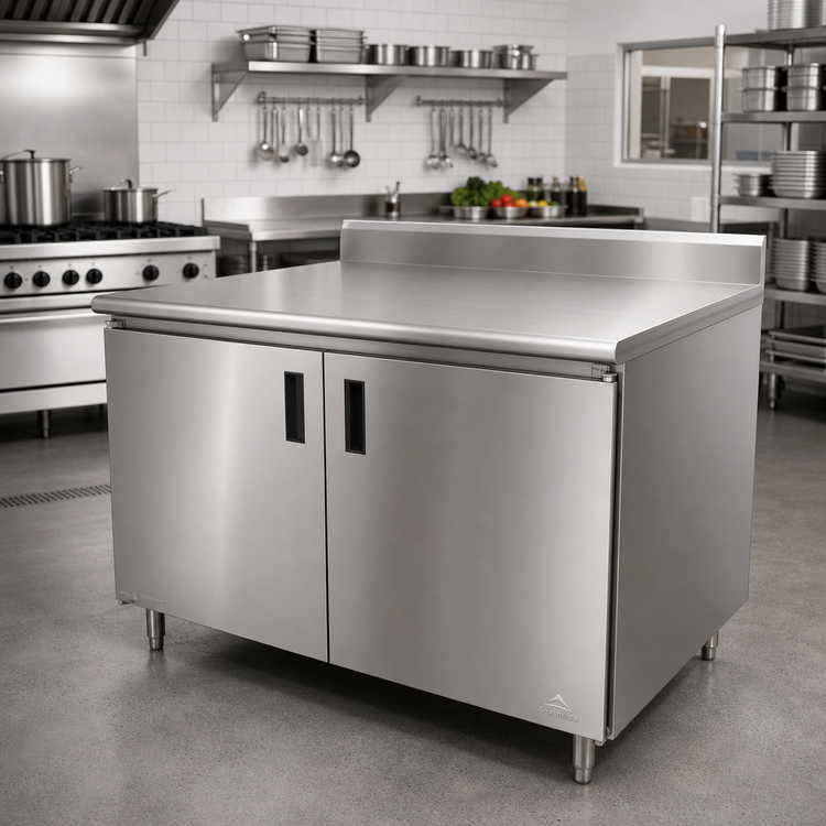 Product image #2 for Advance Tabco Enclosed Work Table with Cabinet Base, 96 x 36 Inch, 14 Gauge 304 Stainless Steel Top, 5-Inch Backsplash