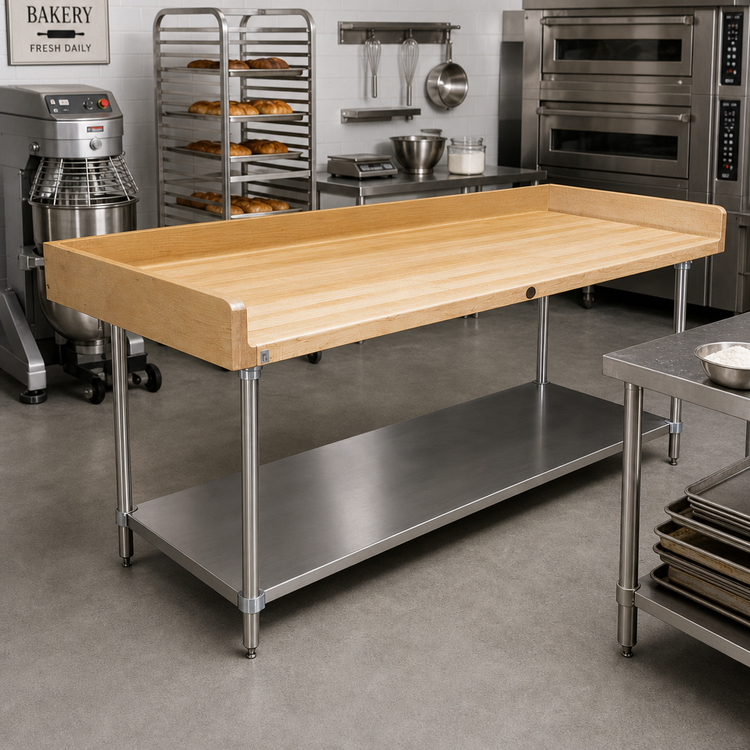 Product image #2 for Advance Tabco 96-Inch x 30-Inch Bakers' Table with 1-3/4-Inch Wood Top and Stainless Steel Open Base