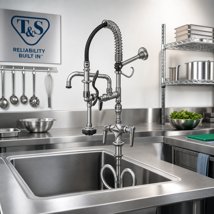 Product image #2 for T&S Brass Mini Pre-Rinse Unit, Single-Hole Deck Mount, 8-Inch Swing Nozzle, Low-Flow Spray Valve