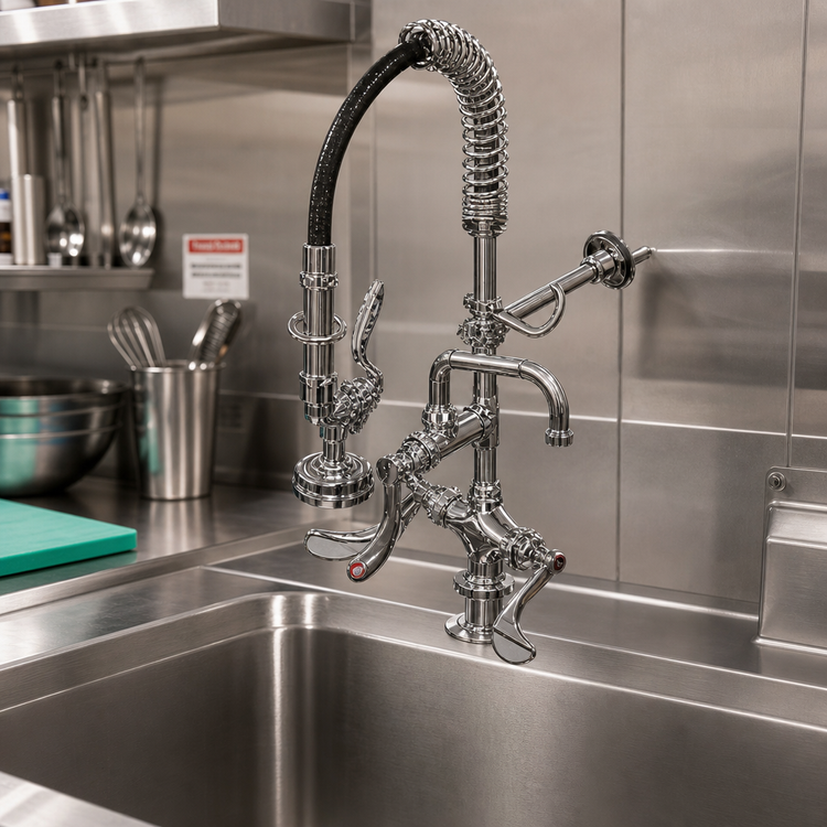 Product image #2 for T&S Brass Mini Pre-Rinse Unit, Single-Hole Deck Mount, 8-Inch Swing Nozzle, Low-Flow Spray Valve