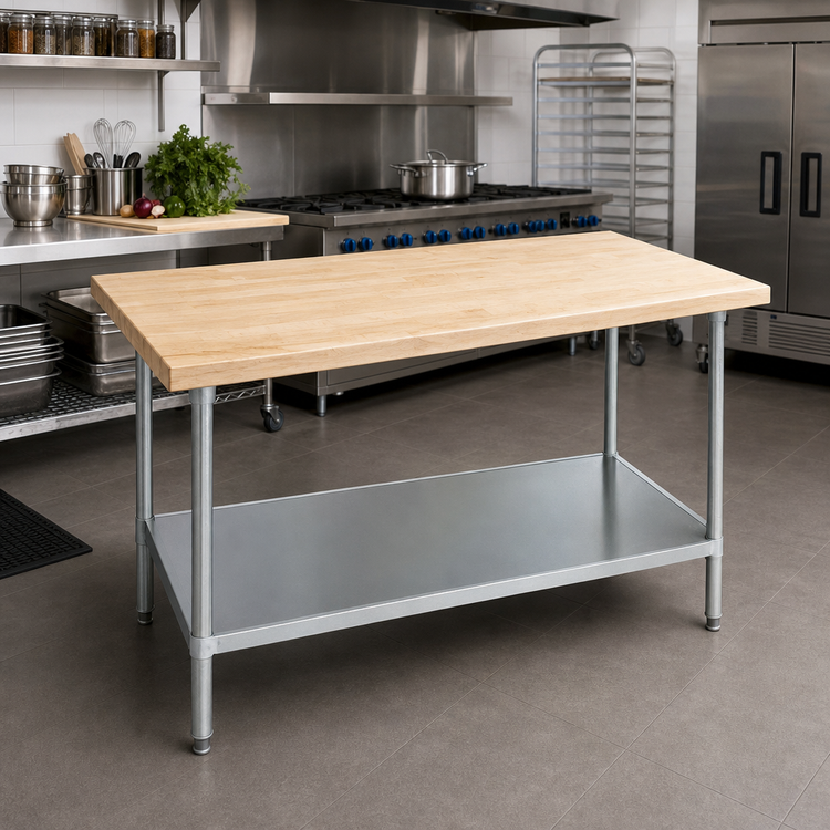 Product image #2 for Advance Tabco 48W x 24D Maple Top Work Table with Adjustable Undershelf, 1-3/4-Inch Thick, Galvanized Base