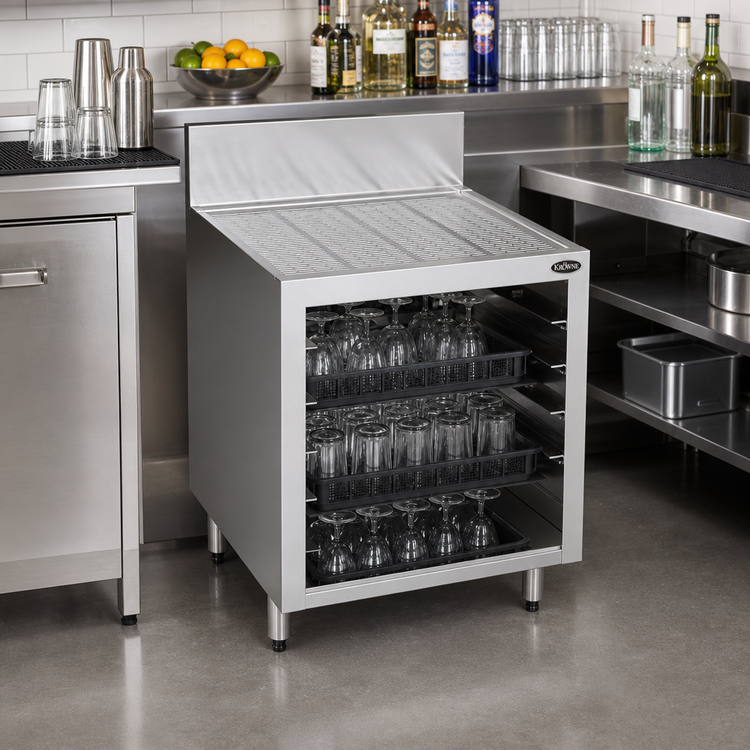 Product image #2 for Krowne Royal Series 24-Inch x 24-Inch Underbar Glass Storage Cabinet with Drainboard Top, Open Front Base, and 3 Rack Slides