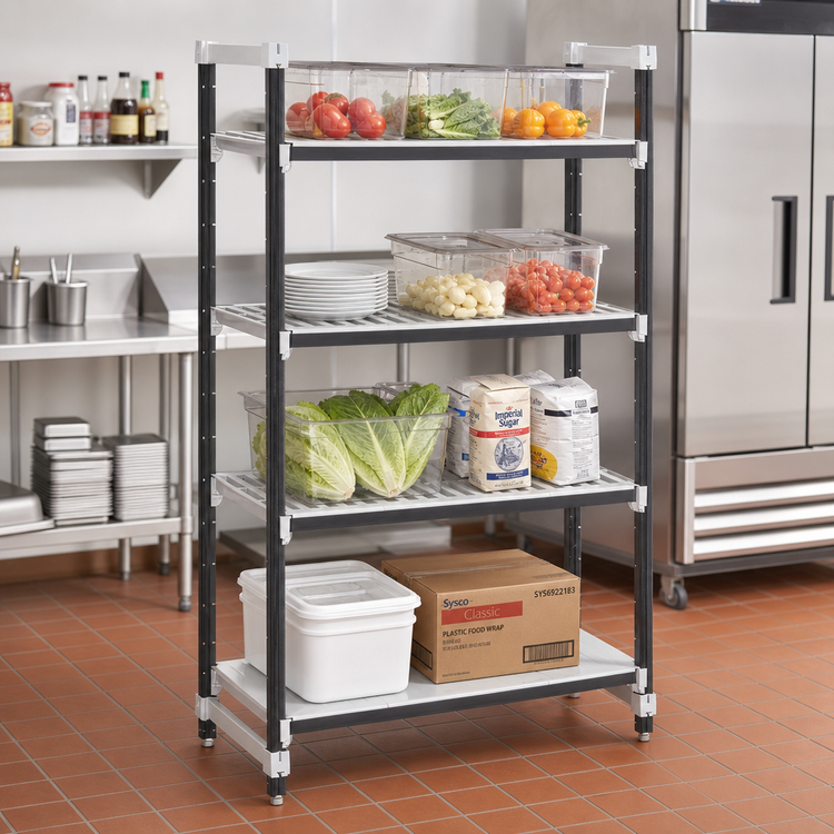 Product image #2 for Cambro Camshelving Elements XTRA 21 Inch x 48 Inch x 64 Inch 4-Tier Stationary Starter Shelving Unit, Vented and Solid, Speckled Gray