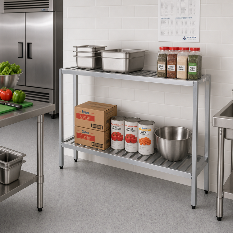 Product image #2 for New Age T-Bar Series 2-Tier Aluminum Cantilevered Shelving Unit, 36W x 20D x 48H