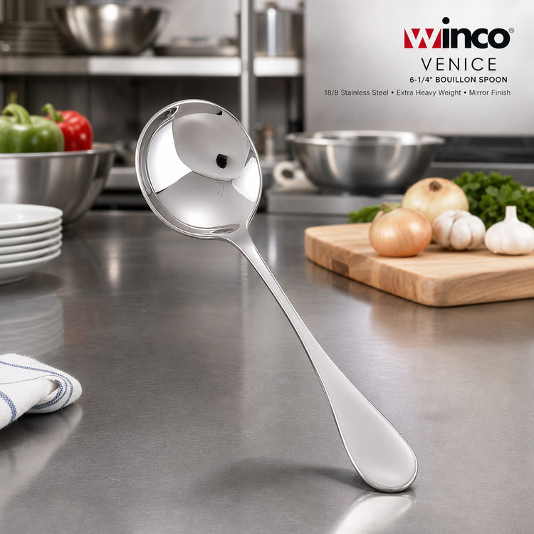 Product image #3 for Winco Venice 6-1/4 Inch Bouillon Spoon, 18/8 Stainless Steel, Extra Heavy Weight, Mirror Finish