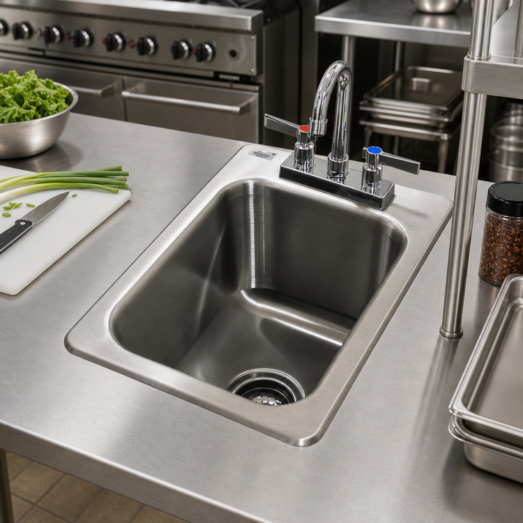 Product image #2 for Advance Tabco Special Value Series Single-Compartment Drop-In Sink with 10" x 14" x 10" Bowl, Gooseneck Faucet, and Basket Drain