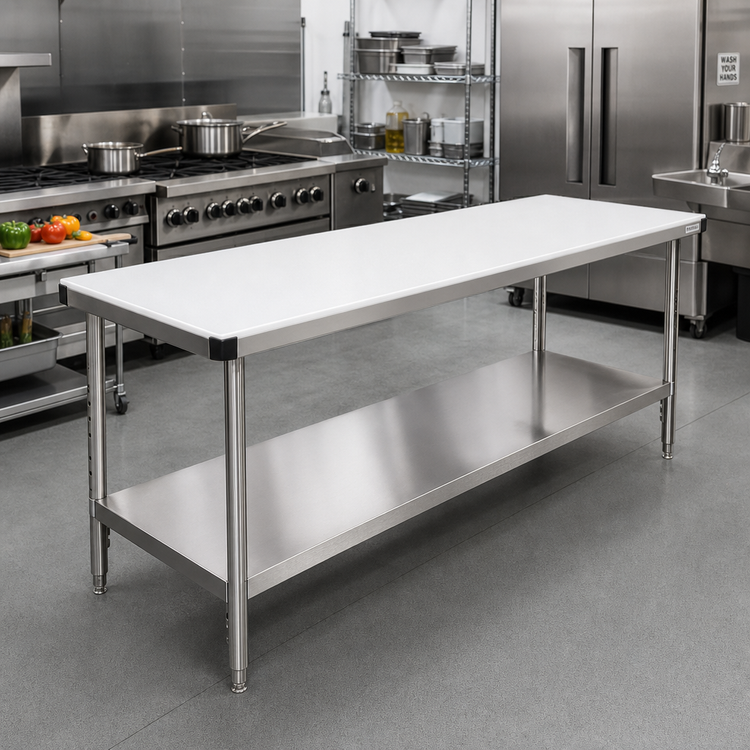 Product image #2 for 96-Inch x 24-Inch Flat Top Poly-Top Work Table with Adjustable Stainless Steel Undershelf