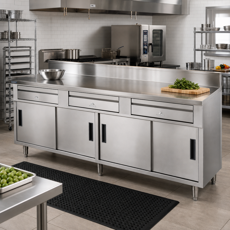 Product image #2 for Advance Tabco 96-Inch x 30-Inch 14-Gauge 304 Stainless Steel Enclosed Work Table with 5-Inch Backsplash