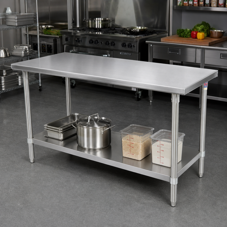 Product image #2 for John Boos Stallion 120-Inch x 30-Inch Stainless Steel Flat-Top Work Table with Adjustable Undershelf and Safety Edge