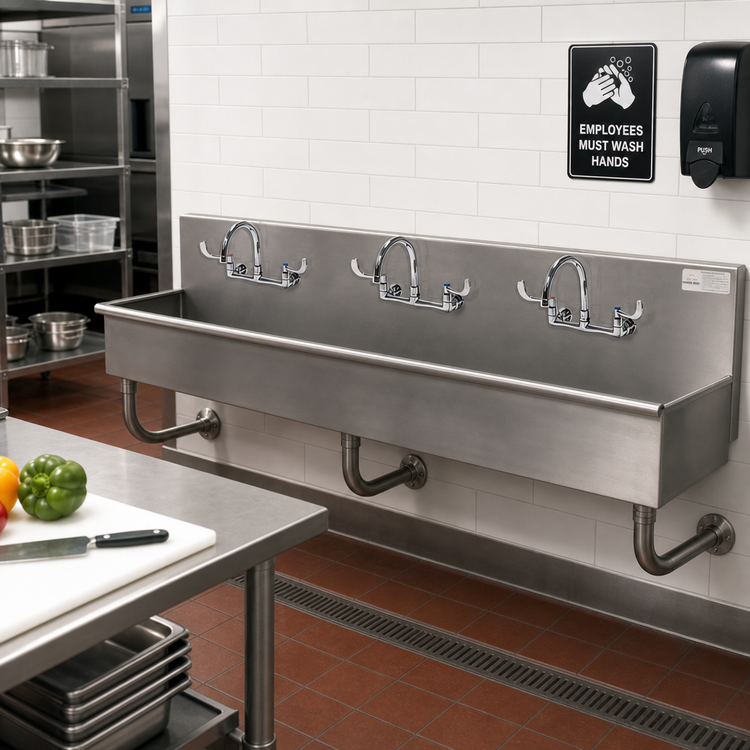 Product image #2 for Advance Tabco Multiwash 60-Inch 3-Station ADA Wall-Mounted Hand Wash Sink with Wrist-Handle Faucets