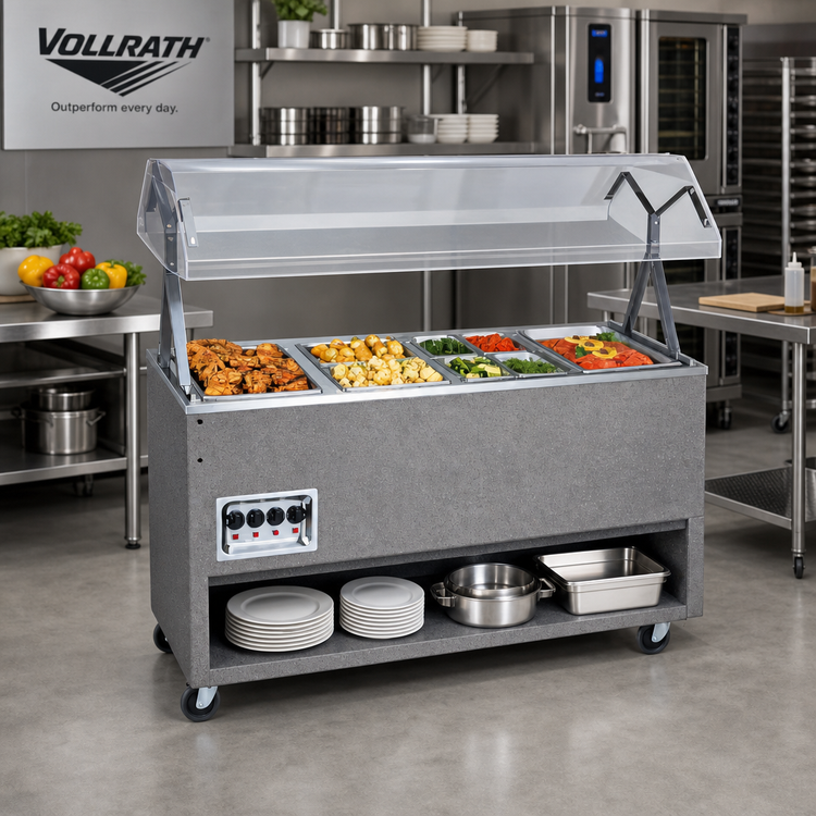 Product image #2 for Vollrath 2-Series Affordable Portable™ 4-Well Mobile Hot Food Station with Open Storage Base and Buffet Breath Guard with Lights