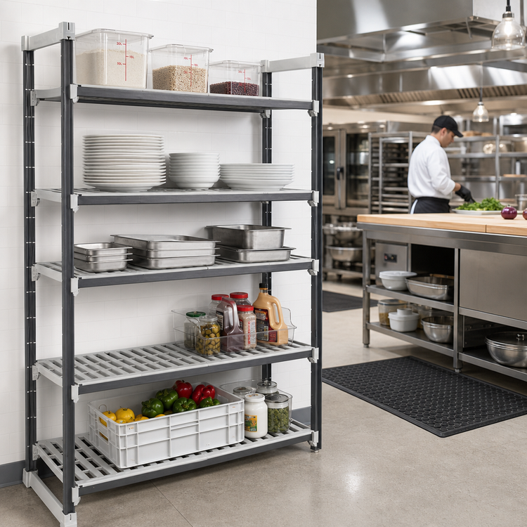 Product image #2 for Cambro Camshelving Elements XTRA 5-Tier Stationary Starter Unit, 21 x 42 x 64 Inches, Vented Shelves, Speckled Gray