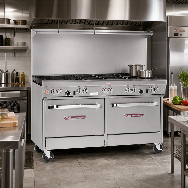 Product image #2 for Southbend Ultimate 60-Inch Commercial Gas Restaurant Range with 4 Open Burners, 36-Inch Charbroiler, Standard Oven, and Cabinet Base