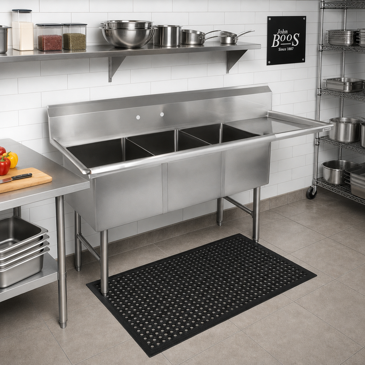 Product image #2 for John Boos B-Series 3-Compartment Floor Sink with Right-Hand Drainboard, 16 Gauge Stainless Steel