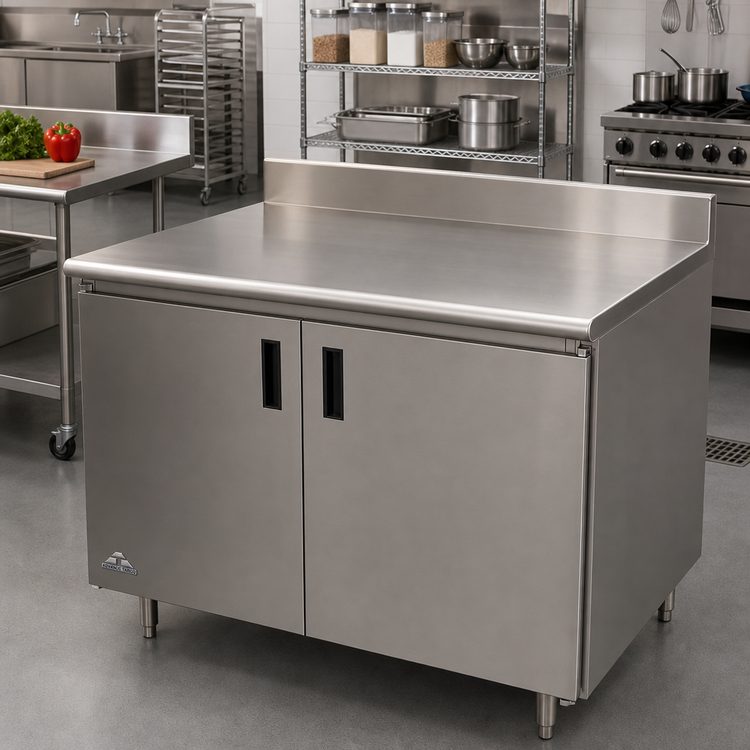 Product image #2 for Advance Tabco Special Value Series 72"W x 30"D Enclosed Work Table with Cabinet Base, Mid-Shelf, Hinged Doors, 16-Gauge 304 Stainless Steel Top, and 5" Backsplash
