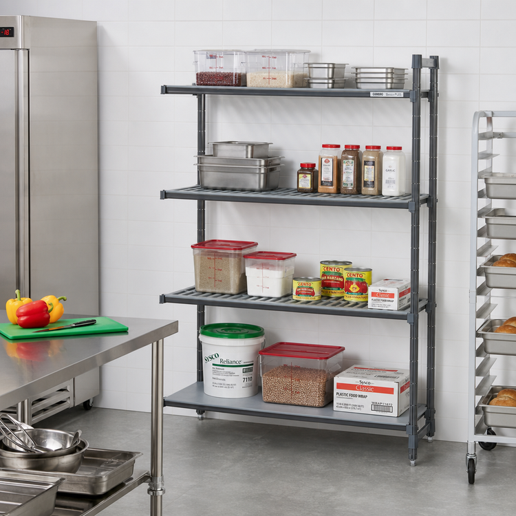 Product image #2 for Cambro Camshelving Basics Plus 4-Tier Add-On Polymer Shelving Unit, 24"W x 36"L x 72"H, 3 Vented & 1 Solid Shelves, Brushed Graphite