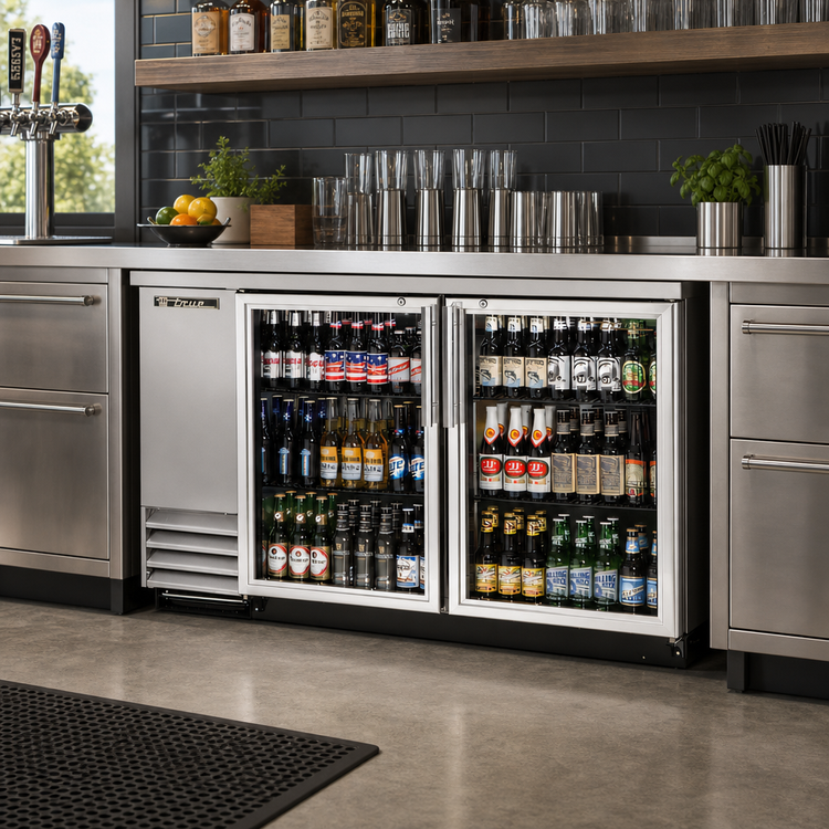 Product image #2 for Two-Section Glass Swing Door Back Bar Cooler, 58-7/8 Inch, Stainless Steel, Left-Side Condensing Unit