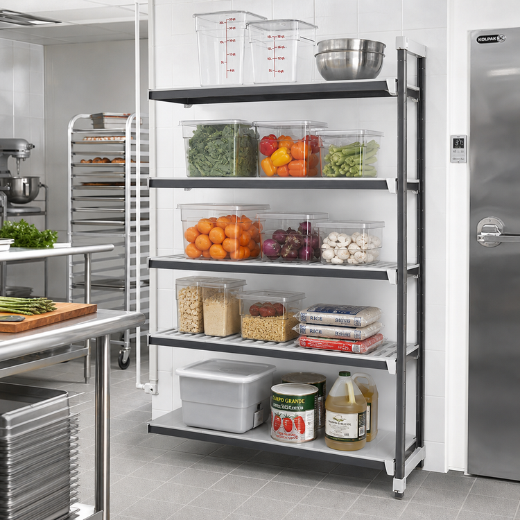 Product image #2 for Cambro Camshelving® Elements XTRA 5-Tier Stationary Add-On Polymer Shelving Unit, 24" Deep x 30" Wide x 84" High, Speckled Gray