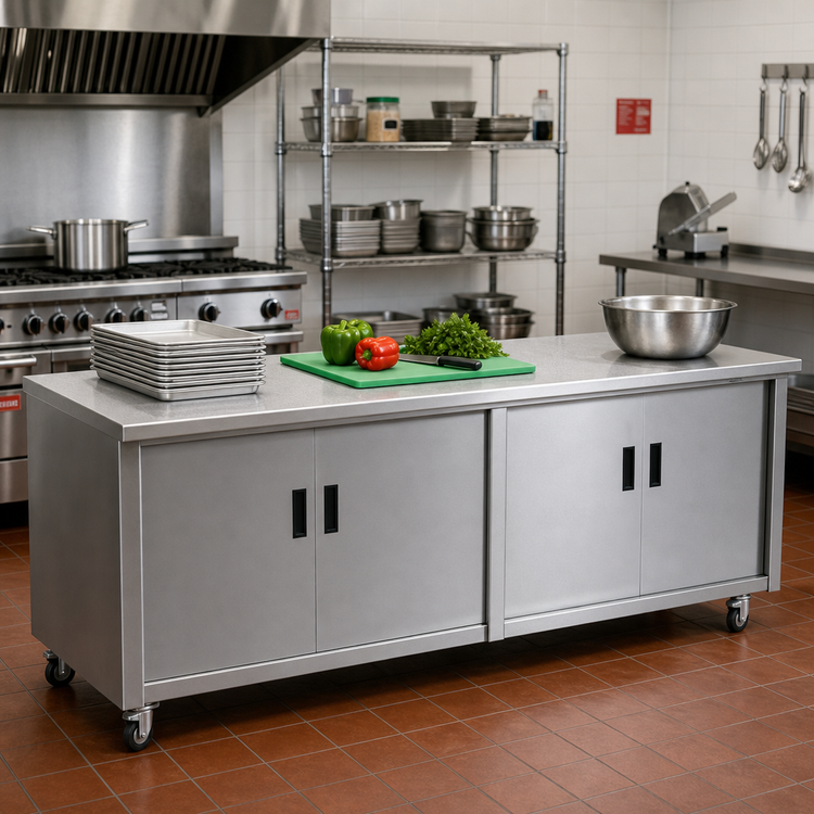 Product image #2 for Advance Tabco Special Value Economy Enclosed Work Table, 84 x 30 Inches, Cabinet Base, 16 Gauge 304 Stainless Steel Top