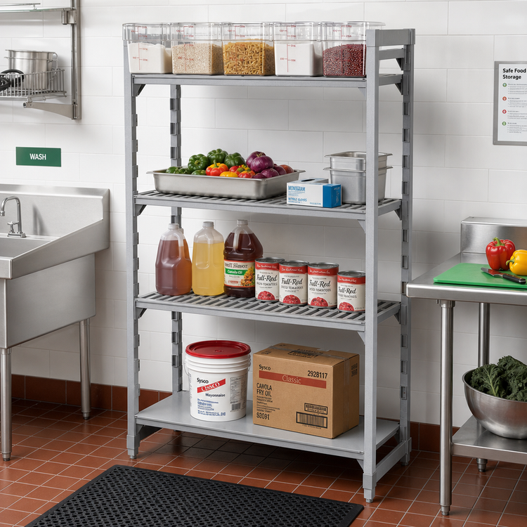 Product image #3 for Cambro Camshelving Premium 24-Inch Deep x 54-Inch Long x 72-Inch High 4-Tier Stationary Starter Shelving Unit, 3 Vented + 1 Solid, Speckled Gray