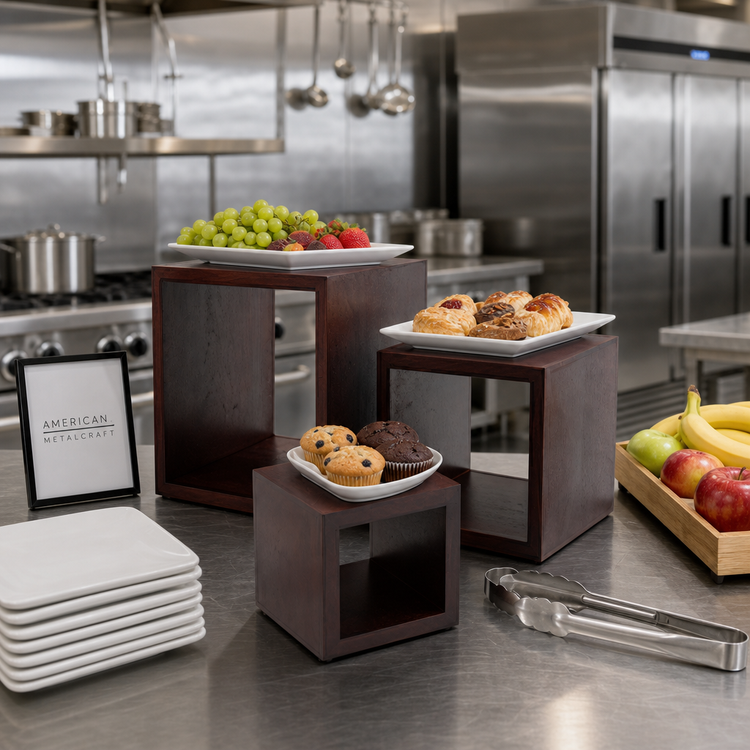 Product image #2 for American Metalcraft Mahogany Wood Square Buffet Riser Set, 3-Piece, 5/7/9 Inch