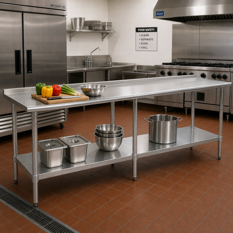 Product image #2 for Eagle Group Budget Series 144-Inch x 36-Inch 430 Stainless Steel Work Table with Rear Up-Turn and Undershelf