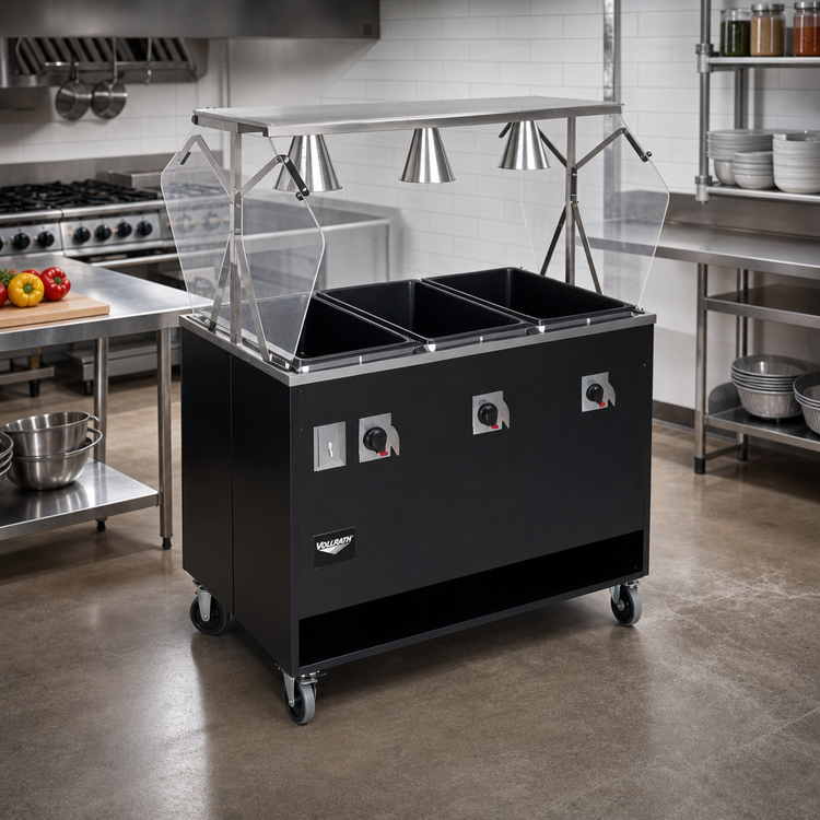 Product image #2 for Vollrath 2-Series Affordable Portable 3-Well Mobile Sealed-Well Hot Food Station with Buffet Breath Guard and Open Storage Base