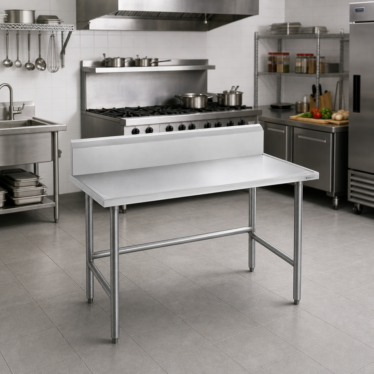Product image #2 for Advance Tabco TVKG-365 60 x 36-Inch 14-Gauge 304 Stainless Steel Work Table with No-Drip Edge, 10-Inch Backsplash, and Galvanized Open Base