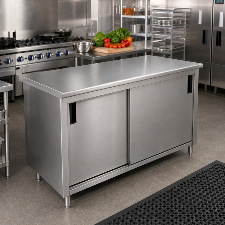 Product image #2 for Advance Tabco Special Value Enclosed Work Table with Cabinet Base, Mid-Shelf and Sliding Doors, 84 x 24 Inches, 16-Gauge 304 Stainless Steel Top