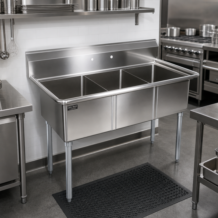 Product image #2 for John Boos E-Series 3-Compartment Stainless Steel Sink with Boxed Backsplash