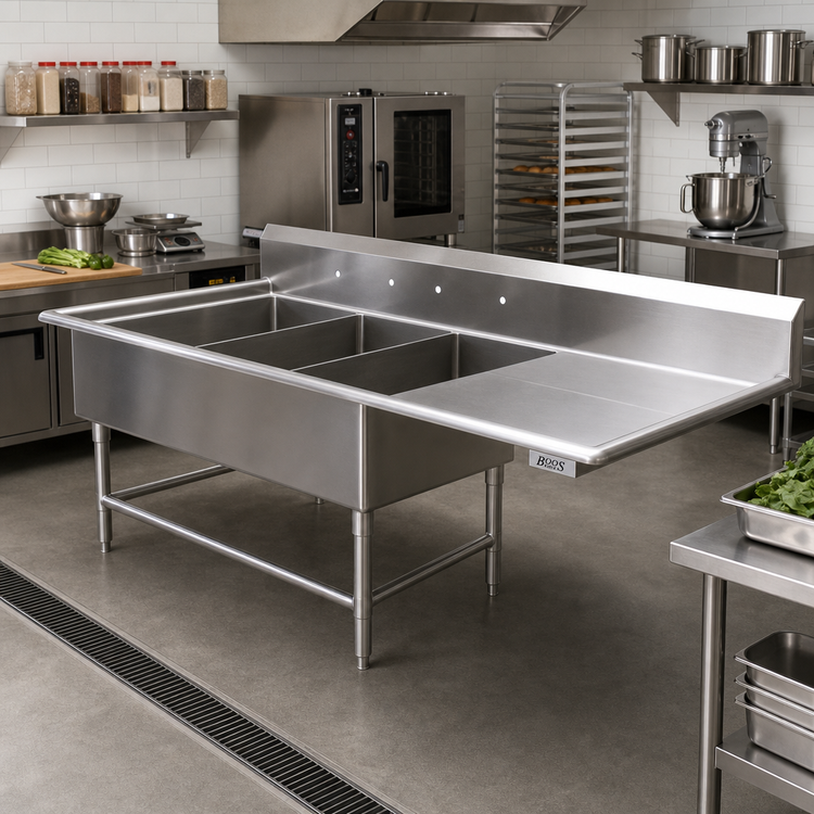 Product image #2 for John Boos Pro-Bowl 3-Compartment Platter Sink with Right Drainboard, 70-3/16 Inch W x 36-1/2 Inch D x 43 Inch H