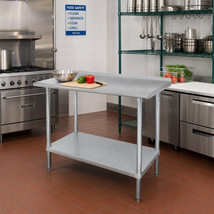 Product image #2 for Advance Tabco 30" x 24" 14 Gauge 304 Stainless Steel Work Table with 1-1/2" Rear Up-Turn and Galvanized Undershelf