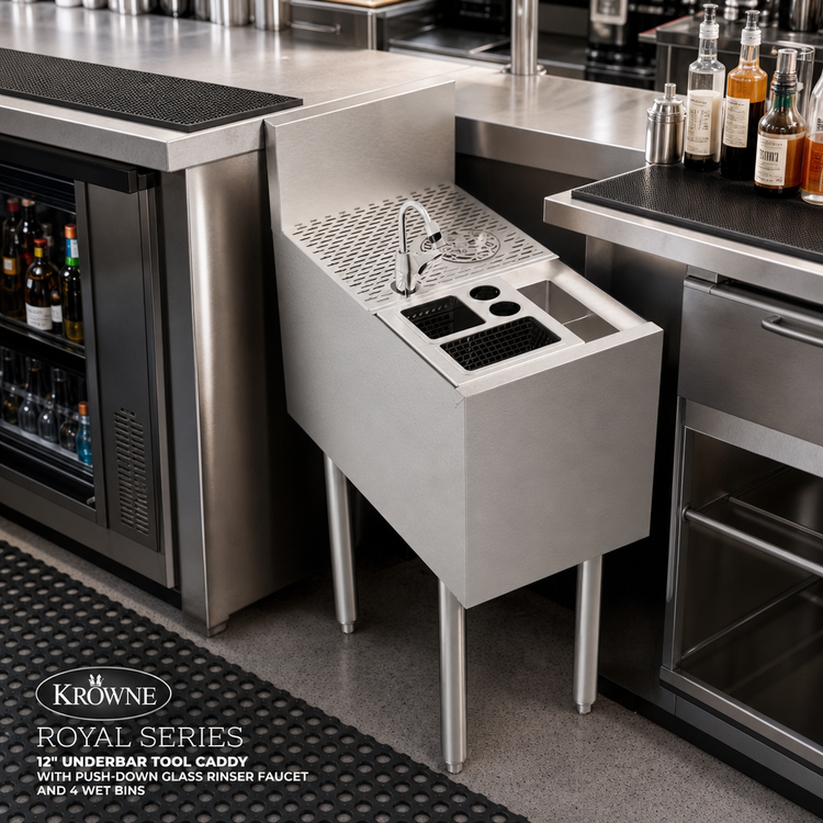 Product image #2 for Krowne Royal Series 12-Inch Wide Underbar Tool Caddy with Push-Down Glass Rinser Faucet and 4 Wet Bins