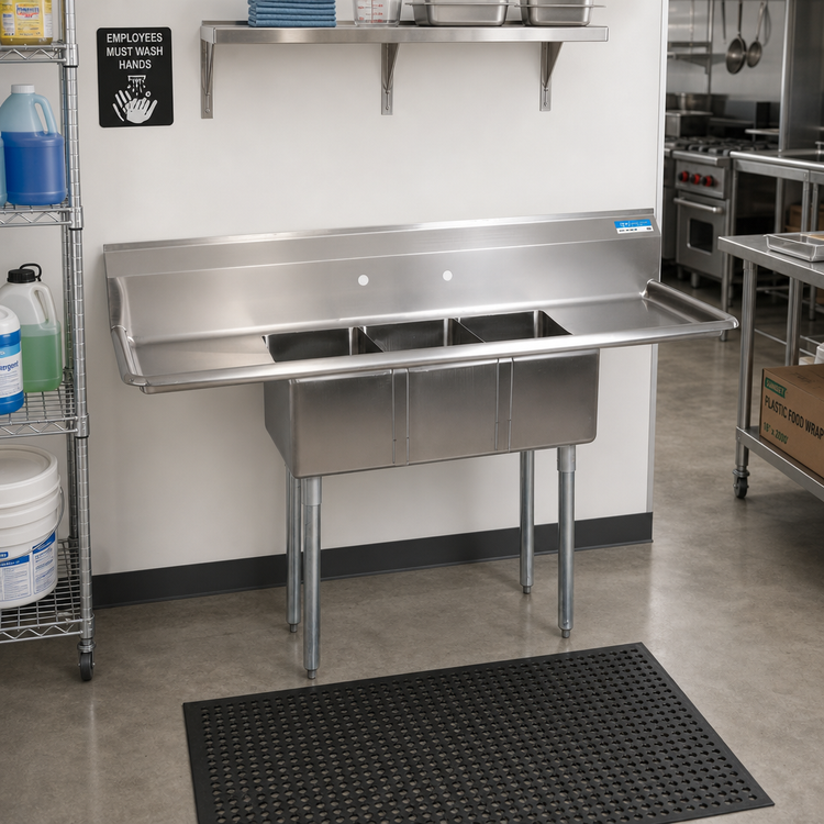 Product image #2 for BK Resources 60-Inch Three-Compartment Convenience Store Sink with Dual 12-Inch Drainboards and 9-Inch Backsplash
